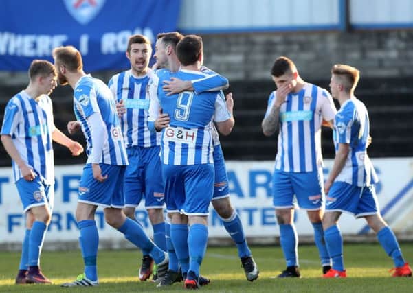 Darren McCauley celebrates scoring a penalty against Dungannon during Saturday's Danske Bank Premiership game at the Showgrounds, Coleraine. Photo by William Cherry/Presseye