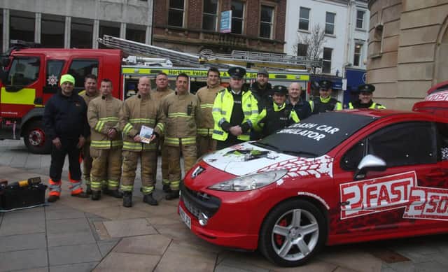 Thise who took part in a PCSP, NIFRS,and PSNI road show to Educate people on the danger of the roads especially coming upto and over Valentines Day held in Coleraine Town Centre. PICTURE KEVIN MCAULEY/MCAULEY MULTIMEDIA