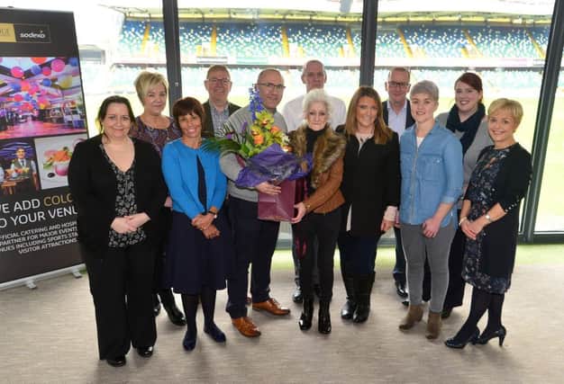 Pictured at the retirement lunch on Thursday 2 February at Windsor Park Belfast for Roberta Flynn (4th from left) who worked for Sodexo NI for 44 years were and colleagues.