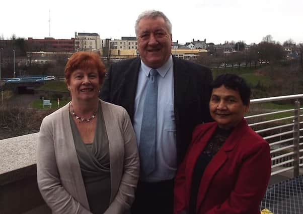 SDLP candidate Pat Catney with fellow Lisburn and Castlereagh City Councillors Geraldine Rice and Vasundhara Kamble.