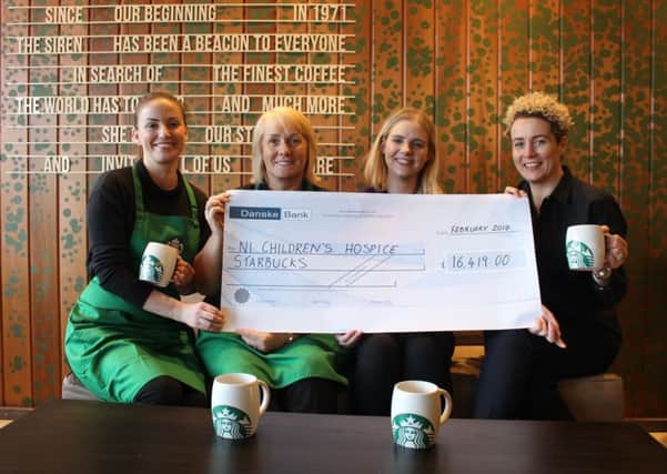 Starbucks Junction One is donating 10p from every from every cup sold in the first day of each month to Northern Ireland Childrens Hospice. Pictured (second left))is Denise Stewart Store Manager at Antrim Junction One with Caolfhionn Sherrin, Store Manager at Londonderry Foyleside (left) and and Paula Galloway Starbucks (NI) District Manager (right) handing over a cheque for Â£16,419.00 to Lauren Cunningham, Corporate Fundraiser at NI Childrens Hospice.