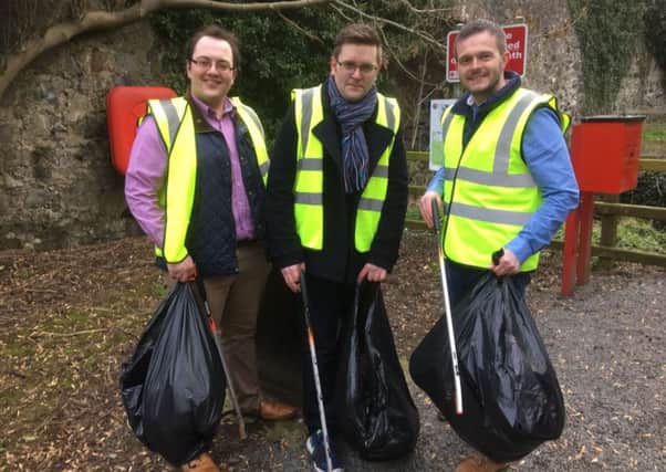 Cllr Alexander Redpath, Scott Garfield and UUP Assembly candidate Robbie Butler carrying out their own clean-up at Broad Water towpath.