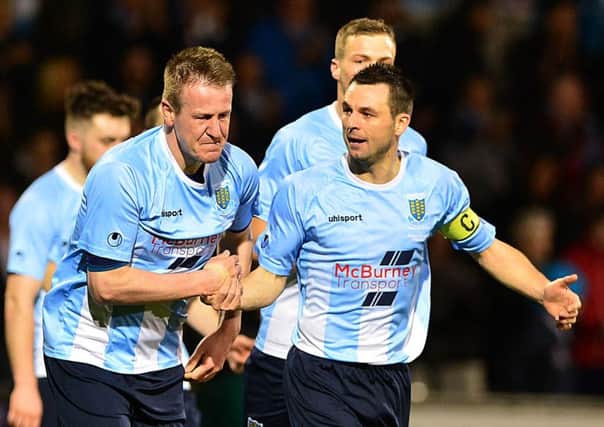 .
Ballymena's Allan Jenkins pictured after scoring his teams first goal