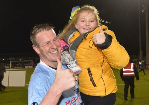 Allan Jenkins celebrates with his daughter Macie after Ballymena United's first ever League Cup win. 
Photo Mark Marlow/Pacemaker Press