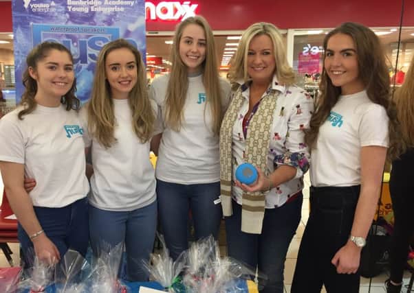 Assembly Candidate Jo-Anne Dobson with Holly McKee, Sarah Shaw, Emma Gregson and Lauren Farrell with their company Hush Speakers from Banbridge Academy at the Young Enterprise Trade Fair at Rushmere Shopping Centre.