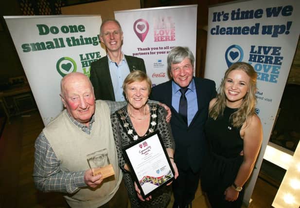 Whitehead Wombles with MEA Mayor Audrey Wales, Joe Mahon, and Live Here Love Here Manager, Jodie McAneaney, with their Live Here Love Here award.