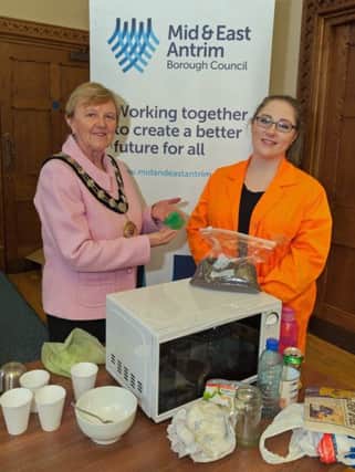 Mayor of Mid and East Antrim Borough, Councillor Audrey Wales with Emma Stevenson from W5 at one of the NI Science Festival events
held in Larne Town Hall about reducing food waste.