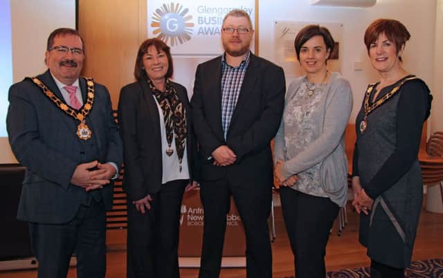 The Mayor of Antrim and Newtownabbey, Councillor John Scott and the Deputy Mayor, Councillor Noreen McClelland, launched this years Glengormley Business Awards with Maddie Dunlop, Serendipity at Home, Iain Patterson, EA Davies Insurance and Louise Brogan, Social Bee NI.