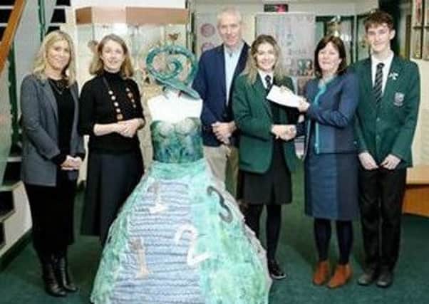 Bank of Ireland representatives arrived on Monday 20 February to present New-Bridge A Level Art Student Beth McDaniel with a Junk Kouture silver ticket for the regional finals in the Millennium Forum.