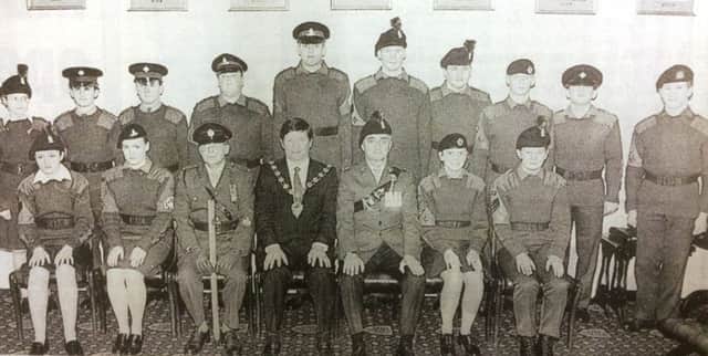 Pictured 20 years ago: Ballymena Mayor James Currie pictured with Army Cadet Force members who received Four Star certificates at Ballymena Town Hall.