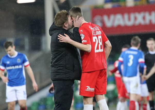 Portadown manager Niall Currie celebrates with Ross Larkin following the 1-1 draw with Linfield. Pic by Pacemaker.