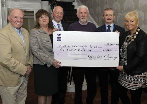 Banbridge Rotary Club President Lynda Shields presented a cheque for Â£5000:00, part proceeds from the recent Daniel O'Donnell Concert, to Southern Area Hospice Services, Regional Marketing Officer Tania Baillie, included are Rotarians Tom Shields, Trevor Robinson, Denis Livingstone and Raymond Pollock. Â©Edward Byrne Photography INBL1709-201EB