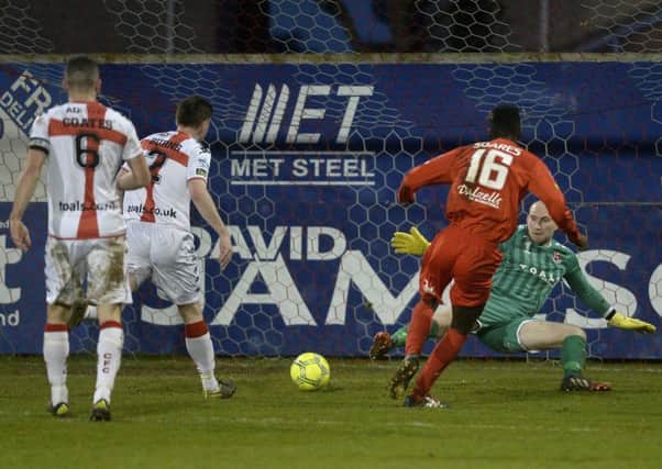 Marcio Soares slots home the equaliser for Portadown against Crusaders. Pic by PressEye Ltd.