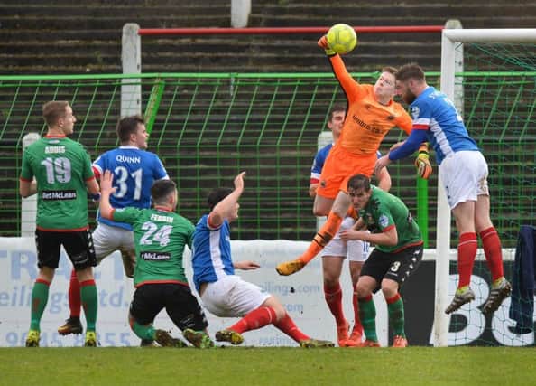 Linfield goalkeeper Alex Moore made his senior debut at the Oval in the derby victory over Glentoran. Pic by Pacemaker.