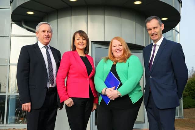 Alliance Party leader Naomi Long pictured with Boomer Industries Managing Director Andrew Robinson, NI Chamber Chief Executive Ann McGregor and NI Chamber President Nick Coburn. 

Photo by Kelvin Boyes, Press Eye