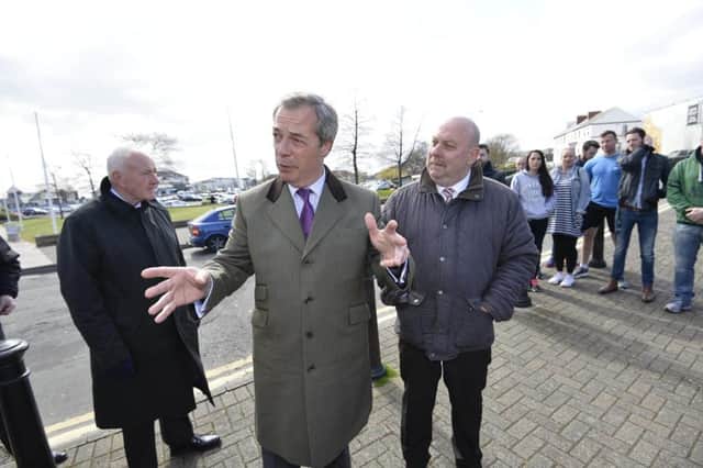 Former Ukip leader Nigel Farage (centre) with Noel Jordan, and ex-Ukip MLA David McNarry to the left