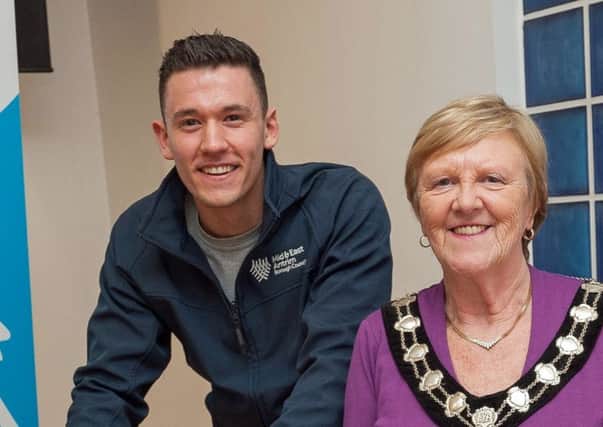 Audrey Wales MBE is pictured with Mark McFall from the Councils Sports staff as she played her part encouraging Council staff to join in No Smoking Day 2017.