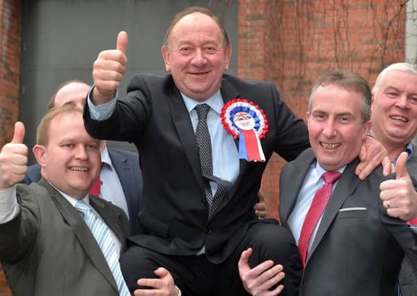 William Irwin celebrates with party workers after being elected on the first count.
Photo by Tony Hendron / Press Eye.