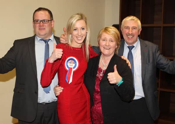 Carla Lockhart elected for Upper Bann, pictured with her husband Rodney Condell and mother and father Valerie and kenneth Lockhart.
 Picture Matt Bohill pacemaker