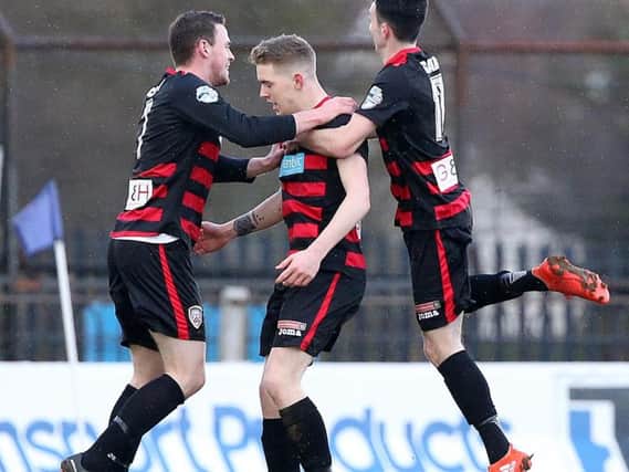 Coleraine's Jamie McGonigle celebrates after giving his side the lead at the Showgrounds