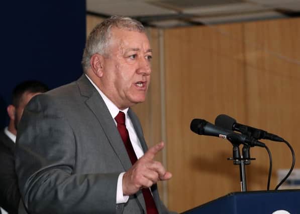 The SDLP's Pat Catney giving his acceptance speech at the Lagan Valley count. Pic by Declan Roughan