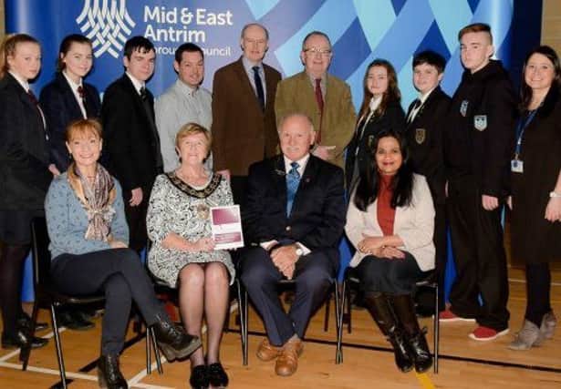 Mayor of Mid and East Antrim Cllr Audrey Wales MBE, Guest Speaker Billy Kohner MBE, Cllr Declan OLoan, Hector Deane (Ballymena Learning Together), Ivy Goddard MBE, Alastair Donaghy and Dorothy Jones (Inter-Ethnic Forum Mid and East Antrim), Jane Dunlop (Good Relations Officer) and pupils from local post primary schools who participated in Councils recent Holocaust Memorial Day events at the Ballymena North Centre.