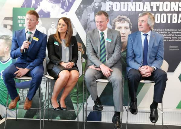Stephen Garrett, Sara Booth, Michael O'Neill, and Pat Jennings at the launch.

Photo by Philip Magowan / PressEye