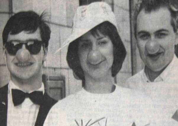 Richard Lewis, Kerry Craig and Donald Eastop in constume at the Ulster Bank for Comic Relief Day in 1989.