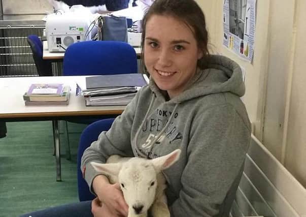 April Cromie with her pet lamb, Gizmo, in class at Greenmount