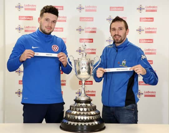 Hanover's Shane McKinney (left) and Ards Rangers' Glen Upton at the Ladbrokes-sponsored Intermediate Cup quarter-final draw. Pic by PressEye Ltd.