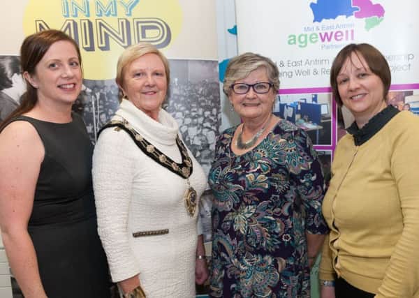 Deirdre McCloskey, Project Co-ordinator, Mid and East Antrim Agewell Partnership; Mayor of Mid and East Antrim Borough, Cllr Audrey Wales, MBE; Jean Haveron, Chair of Mid and East Antrim Agewell Partnership; Elaine Hill, Heritage Development Officer, Mid-Antrim Museum.
