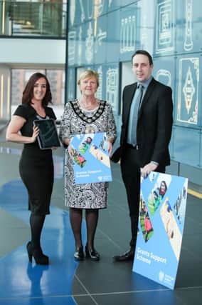Mid and East Antrim Mayor Councillor Audrey Wales MBE  launching the Grants Support funding Information Sessions with Grants Officers, James Healy and Christine Barnhill. (Pic Philip Magowan / PressEye)