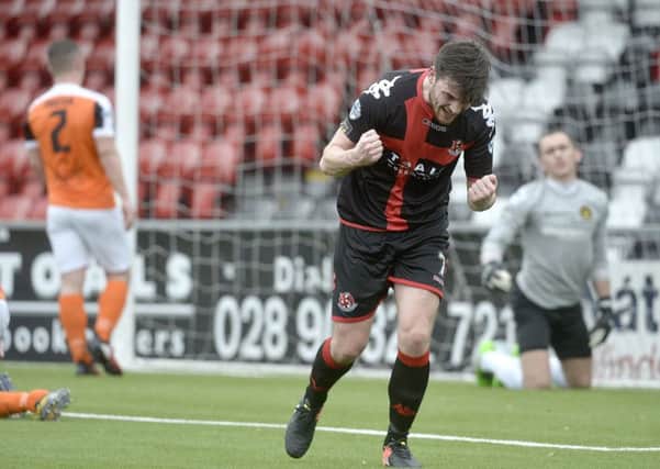 Philip Lowry celebrates his goal for Crusaders against Carrick Rangers. Pic by PressEye Ltd.