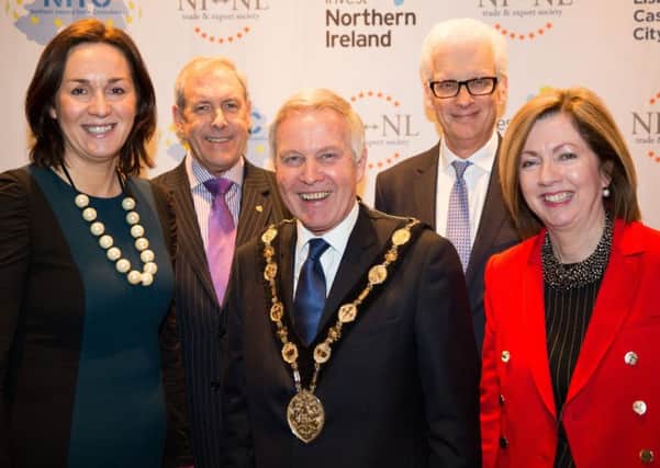 Alison Gowdy, Director of Trade, InvestNI; Councillor Uel Mackin, Chairman of the council's Development Committee; Mayor Brian Bloomfield MBE; Sir Geoffrey Adams, British Ambassador to the Netherlands and Dr Theresa Donaldson, L&CCC Chief Executive.