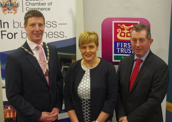 Jonathan Steen, president of Lisburn Chamber of Commerce; Judith Gill, First Trust Bank; and Oliver Mangan, chief economist at AIB.