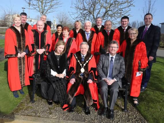 Pictured at the raising of the Commonwealth flag at Lagan Valley Island are Mayor Brian Bloomfield MBE; Dr Theresa Donaldson, L&CCC Chief Executive; Sir Jeffrey Donaldson MP; Paul Givan MLA and elected representatives of Lisburn & Castlereagh City Council.