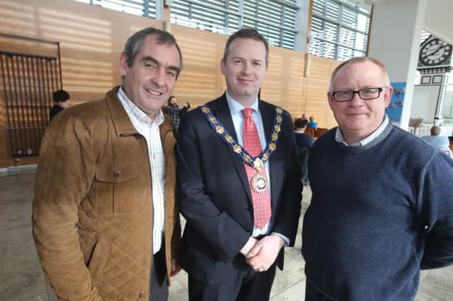 Kieran Durnien from Fairtrade Ireland with Councillor James McCorkell, Deputy Mayor of Causeway Coast and Glens Borough Council and Declan Donnelly, Recycling and Education Officer.PICTURE KEVIN MCAULEY/MCAULEY MULTIMEDIA/CCGBC