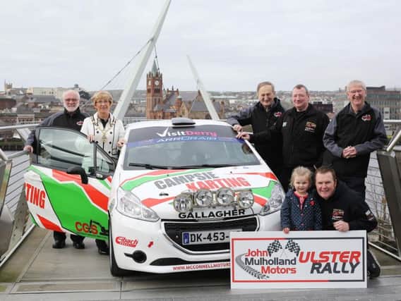 Officially announcing support from Derry City and Strabane District Council for the return of the John Mulholland Motors Ulster Rally the City is Robert Harkness, President of the NIMC (Northern Ireland Motor Club); the Mayor of Derry City and Strabane, Alderman Hilary McClintock; Ian Duff, Commercial Manager for Ulster Rally; Eamonn Gallagher, Campsie Karting (and car owner), Gerry O'Doherty, Maiden City Motor Club (who are host club for the rally); Trevor and Hannah McConnell, McConnell Motorsport Car Preparation.