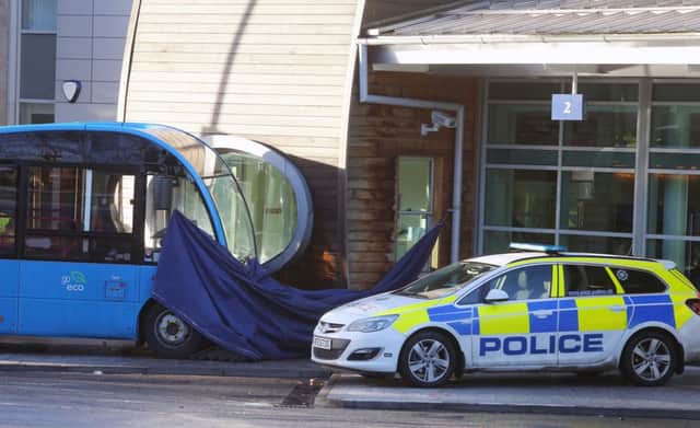 The scene at Lisburn Bus Station where a woman was struck by a bus and killed.