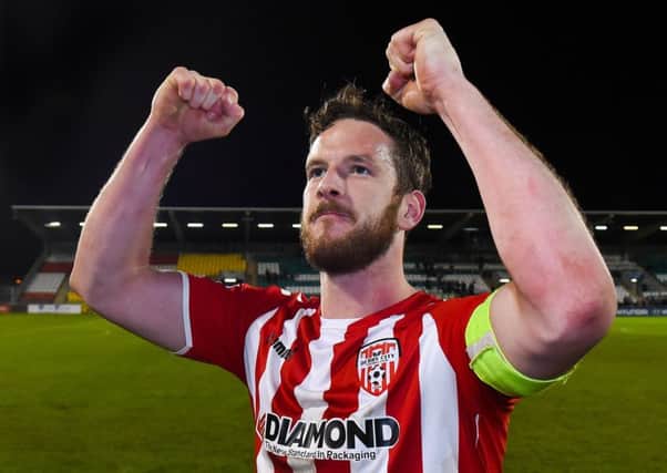 Derry City's match winner Ryan McBride celebrates after their recent victory at Shamrock Rovers.