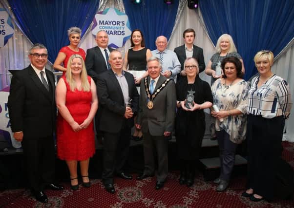 Winners of the Mayor's Community Awards 2017 are pictured with the Mayor, Councillor Brian Bloomfield MBE; Gary Wilson and Rhonda Frew, Community Development Officer.