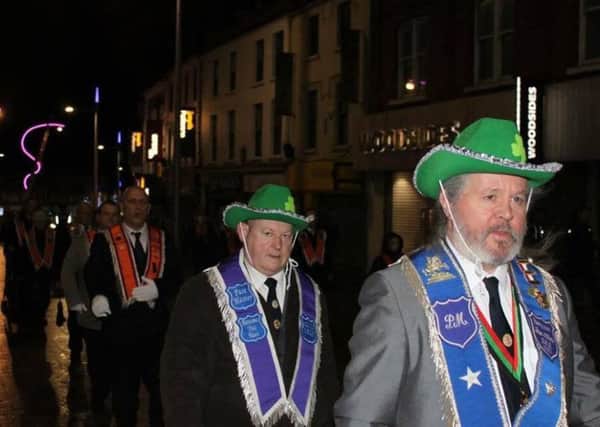Bro Peter McCord PM and Bro Chris Orr PM of Bateson's True Blues were suitably dressed for the lodge's St Patrick's Day parade in Lisburn.