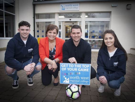 L-R: North West Regional College student Mark McClean, sports journalist Denise Watson, Linfield manager David Healy and student Jessica King pictured at the college's Limavady campus where former Northern Ireland international David gave an inspirational talk as part of 'Getting to The Top of Your Game' series. INLS 13-702-CON