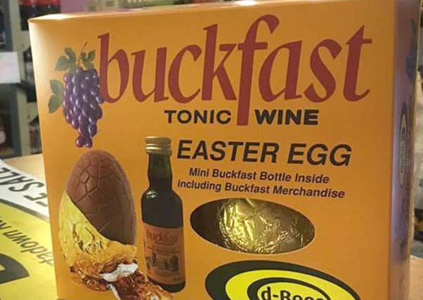 Handout photo taken with permission from the Facebook page of Derek Brennan of a Buckfast Easter egg package from D-Bees off-licence, in Lurgan, Co Armagh, which took more than 2,000 orders within 24 hours of advertising it according to owner Derek Brennan.