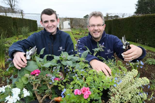 Glenarm Castle and Estate's Apprentice Gardener Jordan McWhirter and Head Gardener James Wharry getting set for a blooming great season at Glenarm Castle, which kicks off on April 1st with the opening of the Walled Gardens, Castle Shop and brand new Tea Room. www.glenarmcastle.com