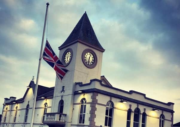 The Union Flag at half mast at Ballyclare Town Hall. Pic by Love Ballyclare.