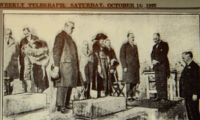 An old image from Larne Times and Weekly Telegraph of October 1922 showing the party including the Countess of Antrim at the foundation ceremony of the Knockagh monument. INLT 14-606-CON