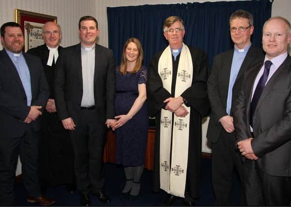 Pictured, from left, are the Rev Stephen Hibbert, the Rev Dr Ivan Patterson, the Rev Mark McMaw and his wife Heather, the Rev Dr Mark Gray, the  Rev Philip Cleland and Keith Johnston.