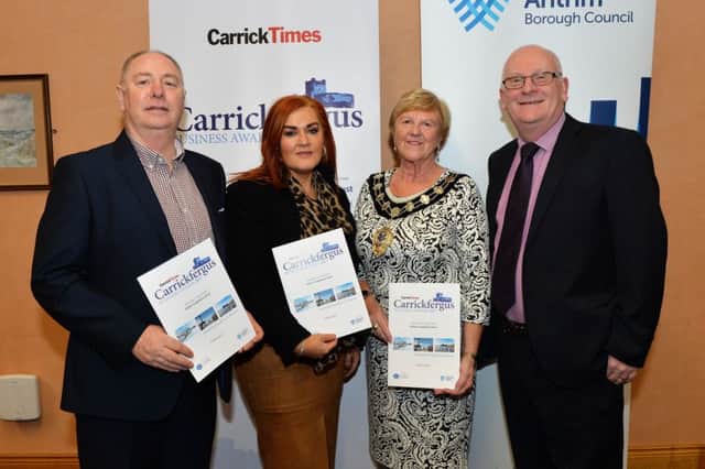 Attending the launch of the Carrick Times and Mid and East Antrim Borough Council Carrickfergus Business Awards 2017 are (L to R) Dessie Blackadder Content Editor, Anne Donaghy CEO of Mid and East Antrim Borough Council, Audrey Wales Mayor of Mid and East Antrim Borough Council and Councillor Billy Ashe. INCT 04-002-PSB
