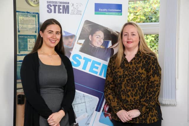 Sorcha Eastwood, HR Officer at Interface Ltd & Kirsty McManus, Head of Business Development at NI Chamber, launch the Southern Area Network STEM group at Interface Craigavons factory site.